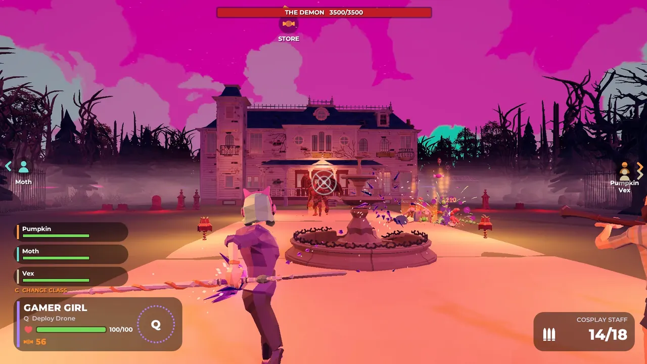 A boss fight in front of the haunted mansion under a pink sky