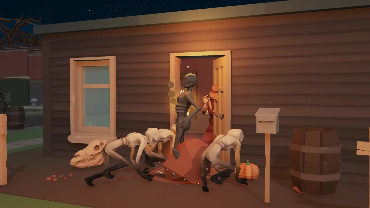 A monster knocking on a front door