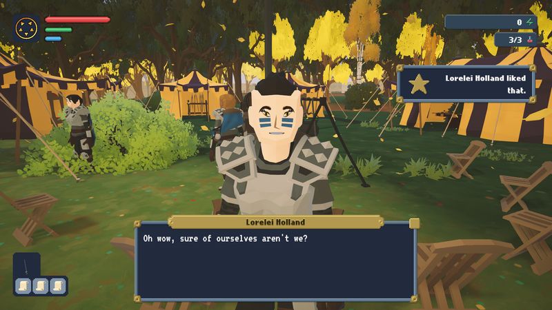NPC dialogue in a camp